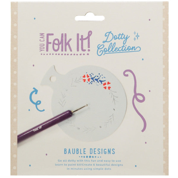 You Can Folk It Dotty Collection - painting kits for adults.  Learn how to paint 6 dotty festive designs onto beautiful bauble shapes. 