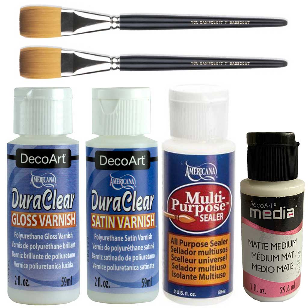 Image of brushes and bottles of varnishes and mediums for your painting projects. 